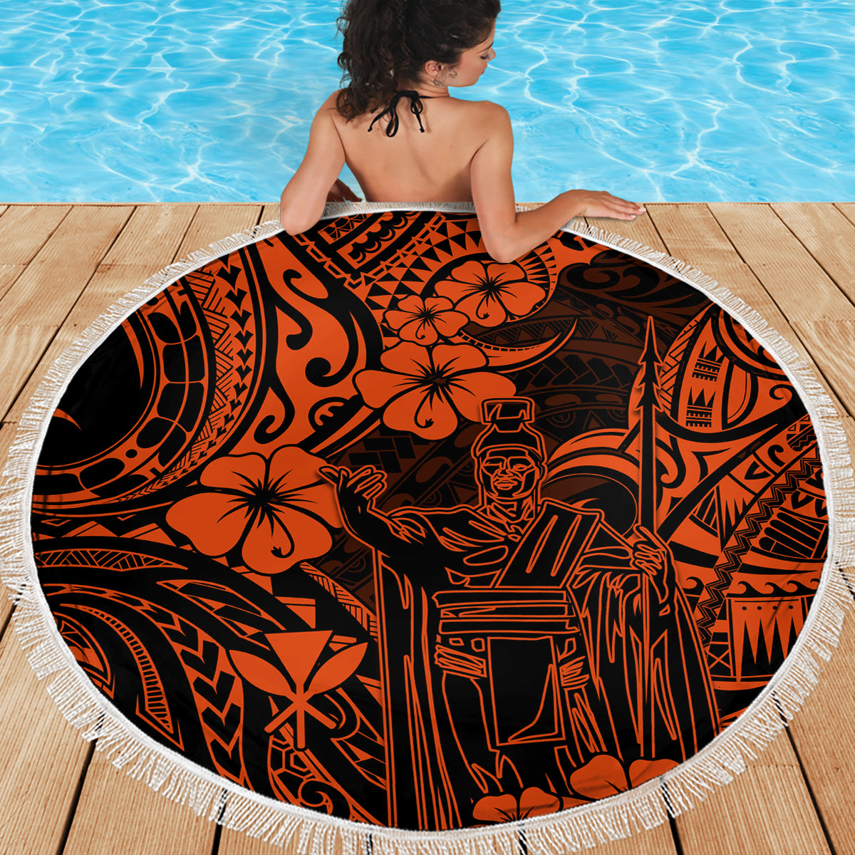 Hawaii King Kamehameha Beach Blanket Polynesian Pattern Orange Version - Wonder Print Shop