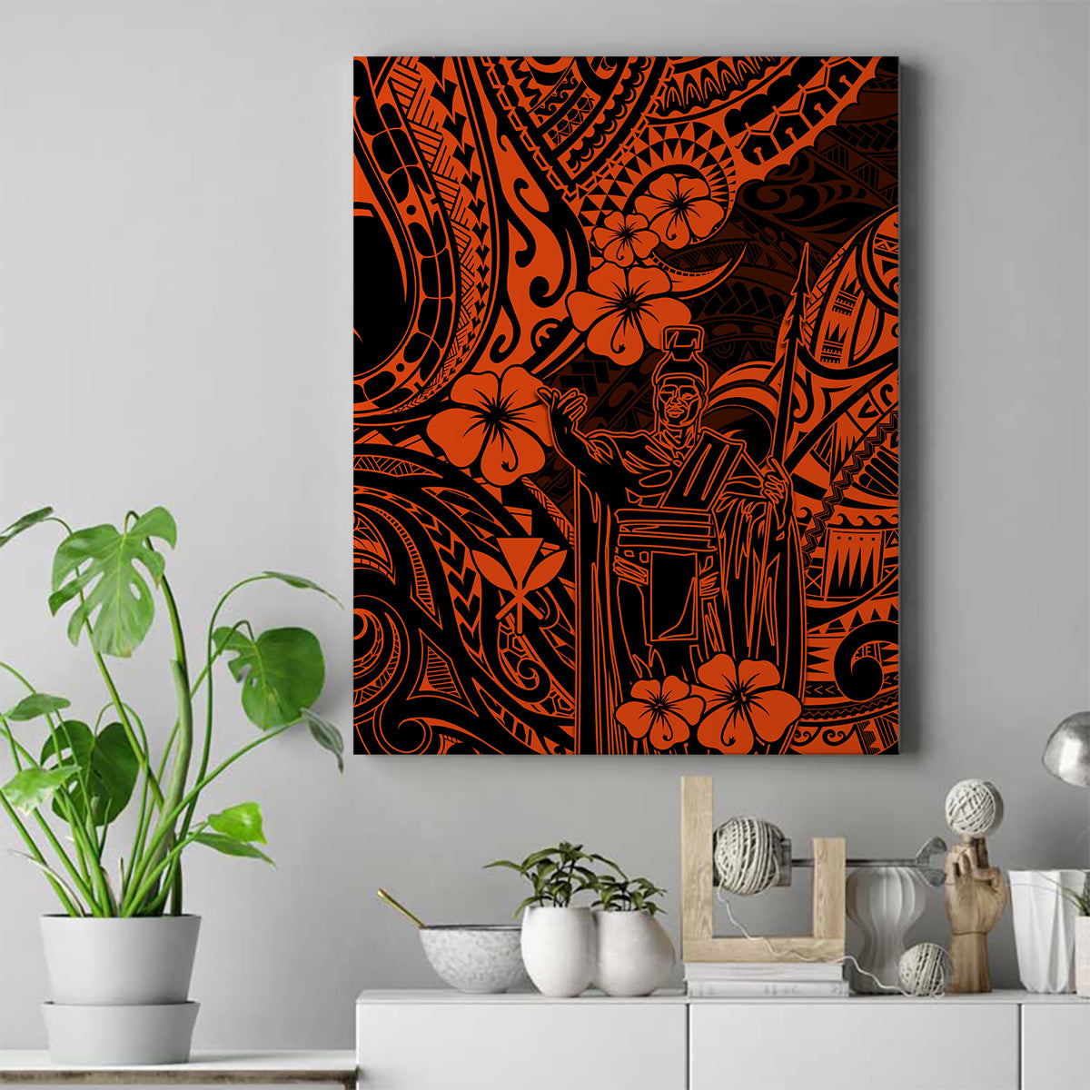 Hawaii King Kamehameha Canvas Wall Art Polynesian Pattern Orange Version - Wonder Print Shop