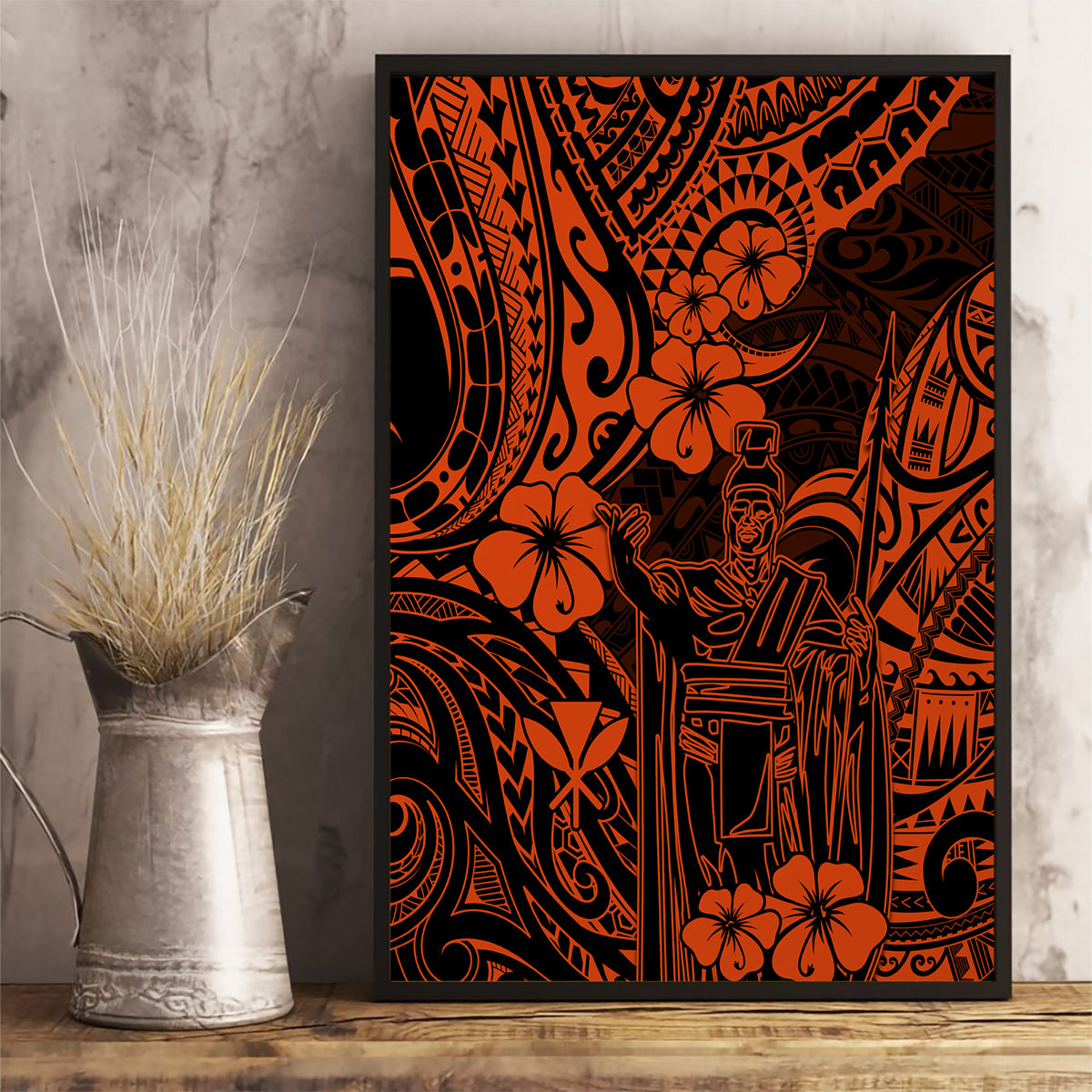 Hawaii King Kamehameha Canvas Wall Art Polynesian Pattern Orange Version - Wonder Print Shop