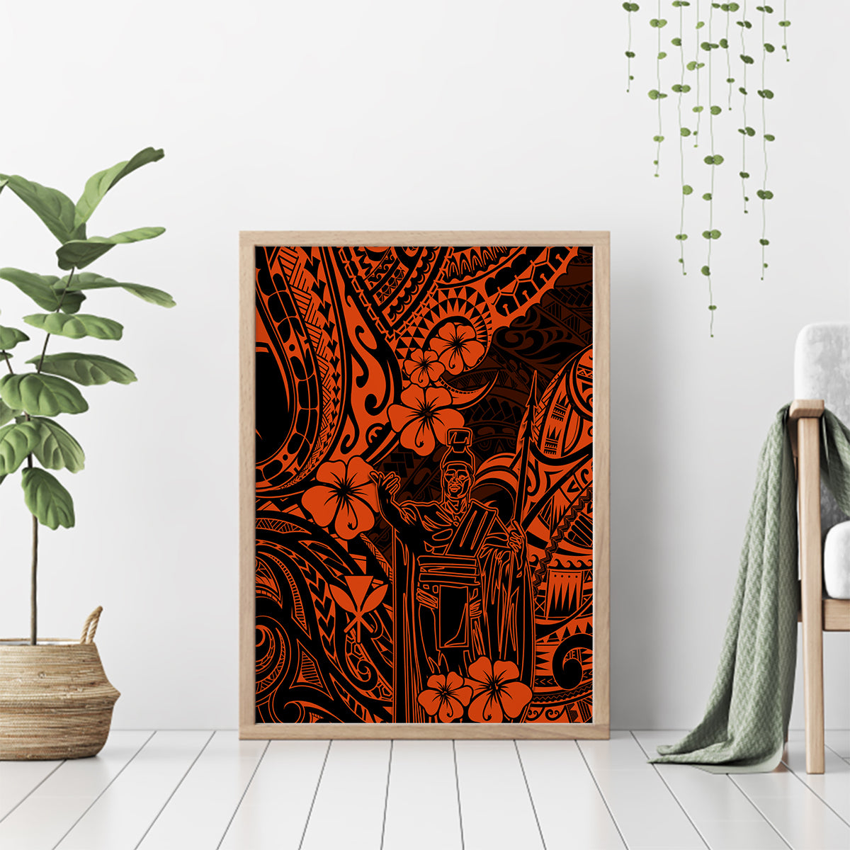 Hawaii King Kamehameha Canvas Wall Art Polynesian Pattern Orange Version - Wonder Print Shop