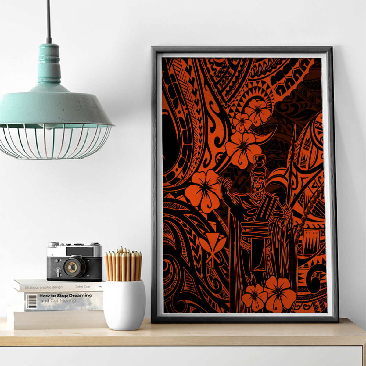 Hawaii King Kamehameha Canvas Wall Art Polynesian Pattern Orange Version - Wonder Print Shop