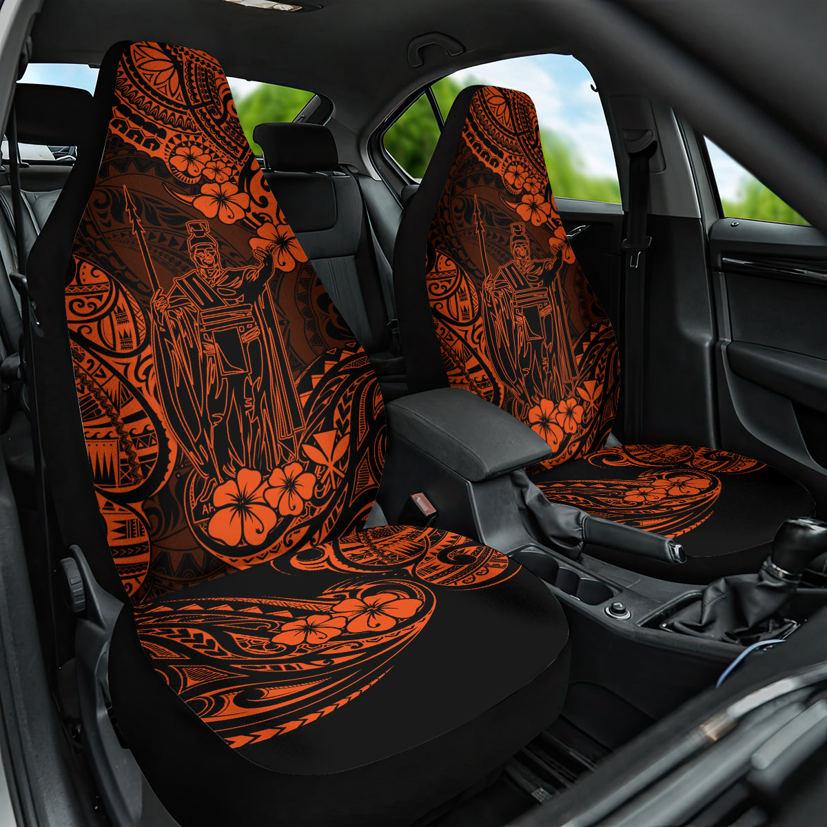 Hawaii King Kamehameha Car Seat Cover Polynesian Pattern Orange Version - Wonder Print Shop