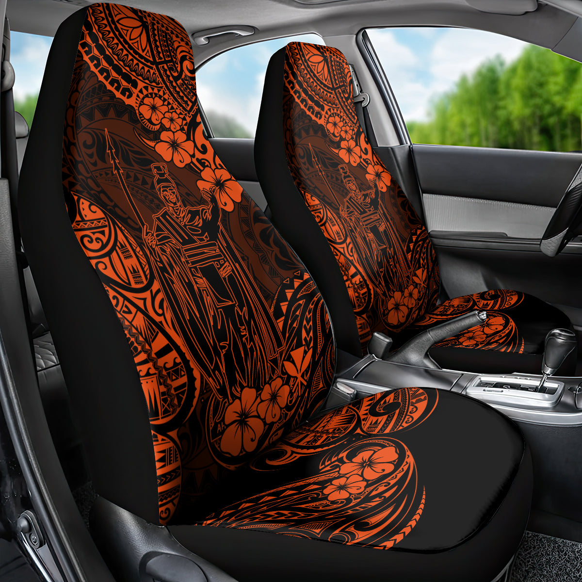 Hawaii King Kamehameha Car Seat Cover Polynesian Pattern Orange Version - Wonder Print Shop