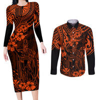 Hawaii King Kamehameha Couples Matching Long Sleeve Bodycon Dress and Long Sleeve Button Shirts Polynesian Pattern Orange Version - Wonder Print Shop