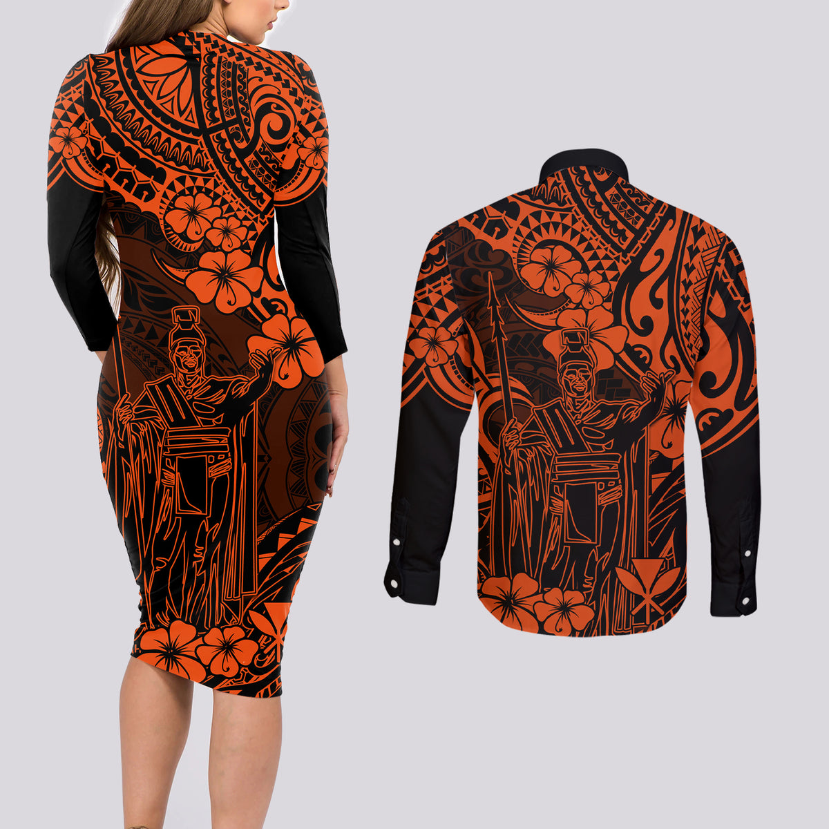 Hawaii King Kamehameha Couples Matching Long Sleeve Bodycon Dress and Long Sleeve Button Shirts Polynesian Pattern Orange Version - Wonder Print Shop