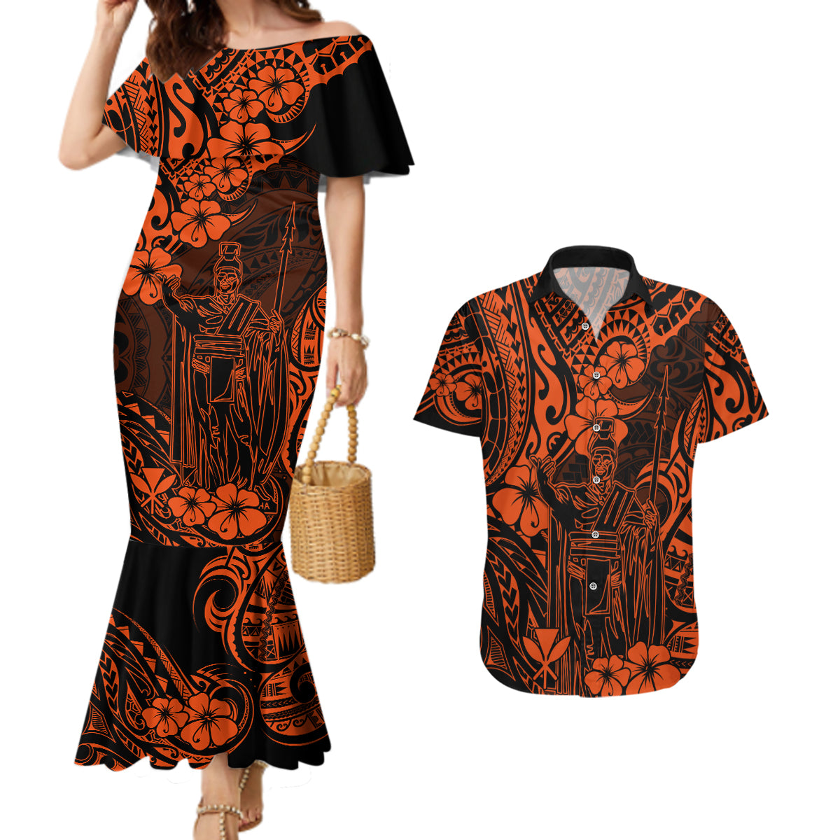 Hawaii King Kamehameha Couples Matching Mermaid Dress and Hawaiian Shirt Polynesian Pattern Orange Version - Wonder Print Shop
