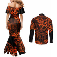 hawaii-king-kamehameha-couples-matching-mermaid-dress-and-long-sleeve-button-shirts-polynesian-pattern-orange-version
