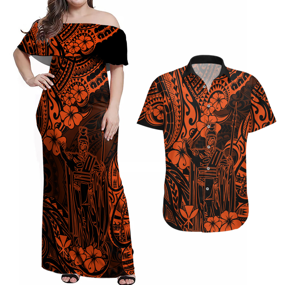 Hawaii King Kamehameha Couples Matching Off Shoulder Maxi Dress and Hawaiian Shirt Polynesian Pattern Orange Version - Wonder Print Shop