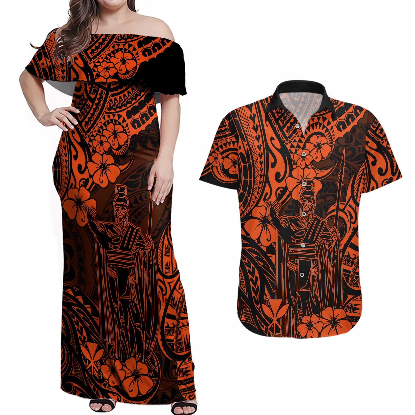 Hawaii King Kamehameha Couples Matching Off Shoulder Maxi Dress and Hawaiian Shirt Polynesian Pattern Orange Version - Wonder Print Shop
