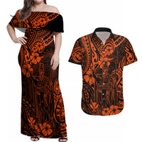 Hawaii King Kamehameha Couples Matching Off Shoulder Maxi Dress and Hawaiian Shirt Polynesian Pattern Orange Version - Wonder Print Shop