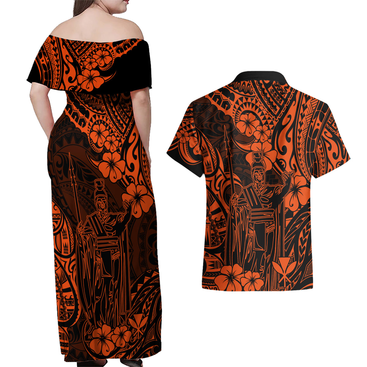 Hawaii King Kamehameha Couples Matching Off Shoulder Maxi Dress and Hawaiian Shirt Polynesian Pattern Orange Version - Wonder Print Shop