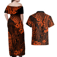 Hawaii King Kamehameha Couples Matching Off Shoulder Maxi Dress and Hawaiian Shirt Polynesian Pattern Orange Version - Wonder Print Shop