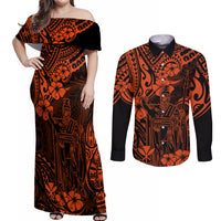 Hawaii King Kamehameha Couples Matching Off Shoulder Maxi Dress and Long Sleeve Button Shirts Polynesian Pattern Orange Version - Wonder Print Shop