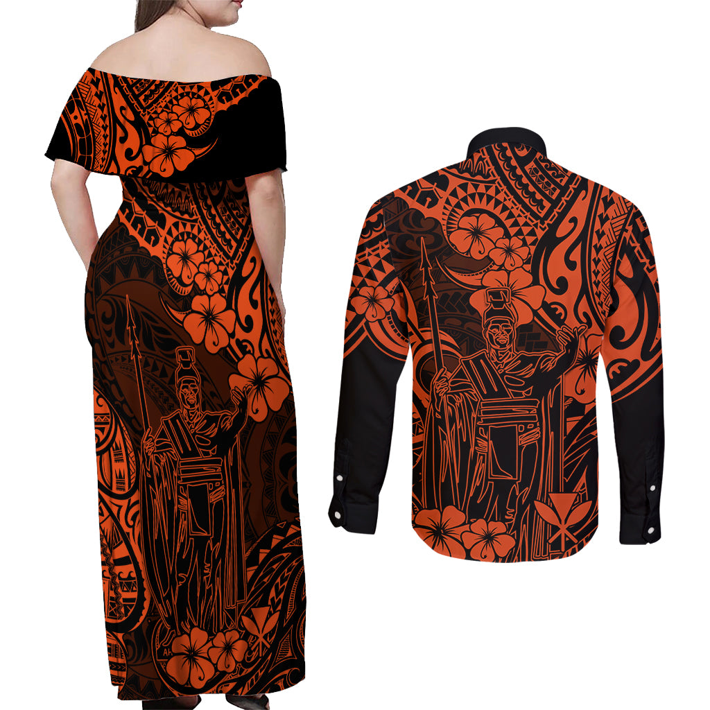 Hawaii King Kamehameha Couples Matching Off Shoulder Maxi Dress and Long Sleeve Button Shirts Polynesian Pattern Orange Version - Wonder Print Shop