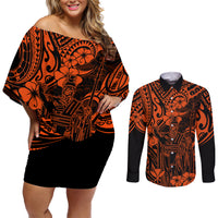 Hawaii King Kamehameha Couples Matching Off Shoulder Short Dress and Long Sleeve Button Shirts Polynesian Pattern Orange Version - Wonder Print Shop