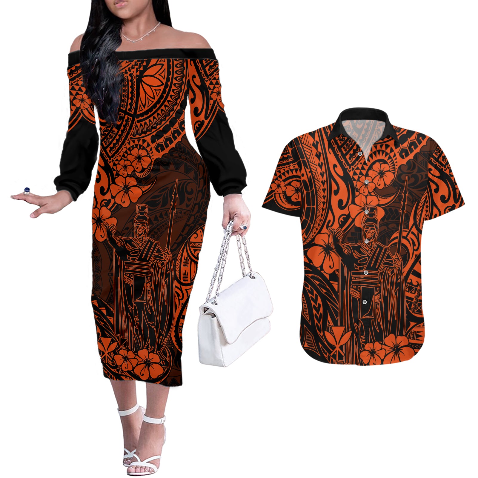 Hawaii King Kamehameha Couples Matching Off The Shoulder Long Sleeve Dress and Hawaiian Shirt Polynesian Pattern Orange Version - Wonder Print Shop