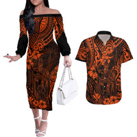 Hawaii King Kamehameha Couples Matching Off The Shoulder Long Sleeve Dress and Hawaiian Shirt Polynesian Pattern Orange Version - Wonder Print Shop