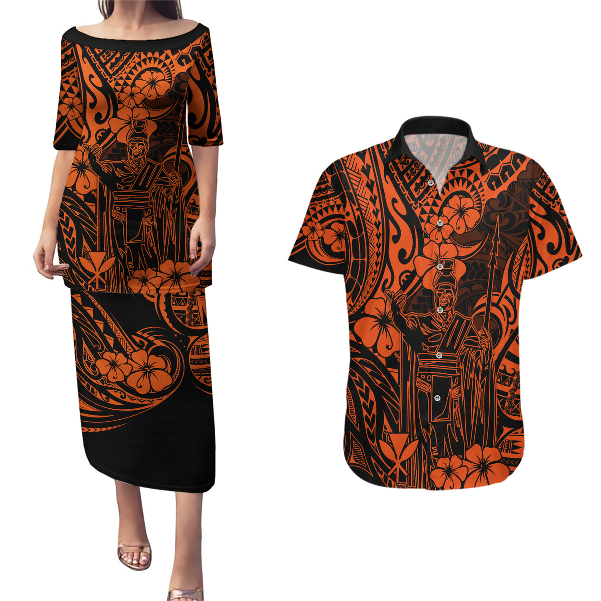 Hawaii King Kamehameha Couples Matching Puletasi Dress and Hawaiian Shirt Polynesian Pattern Orange Version - Wonder Print Shop