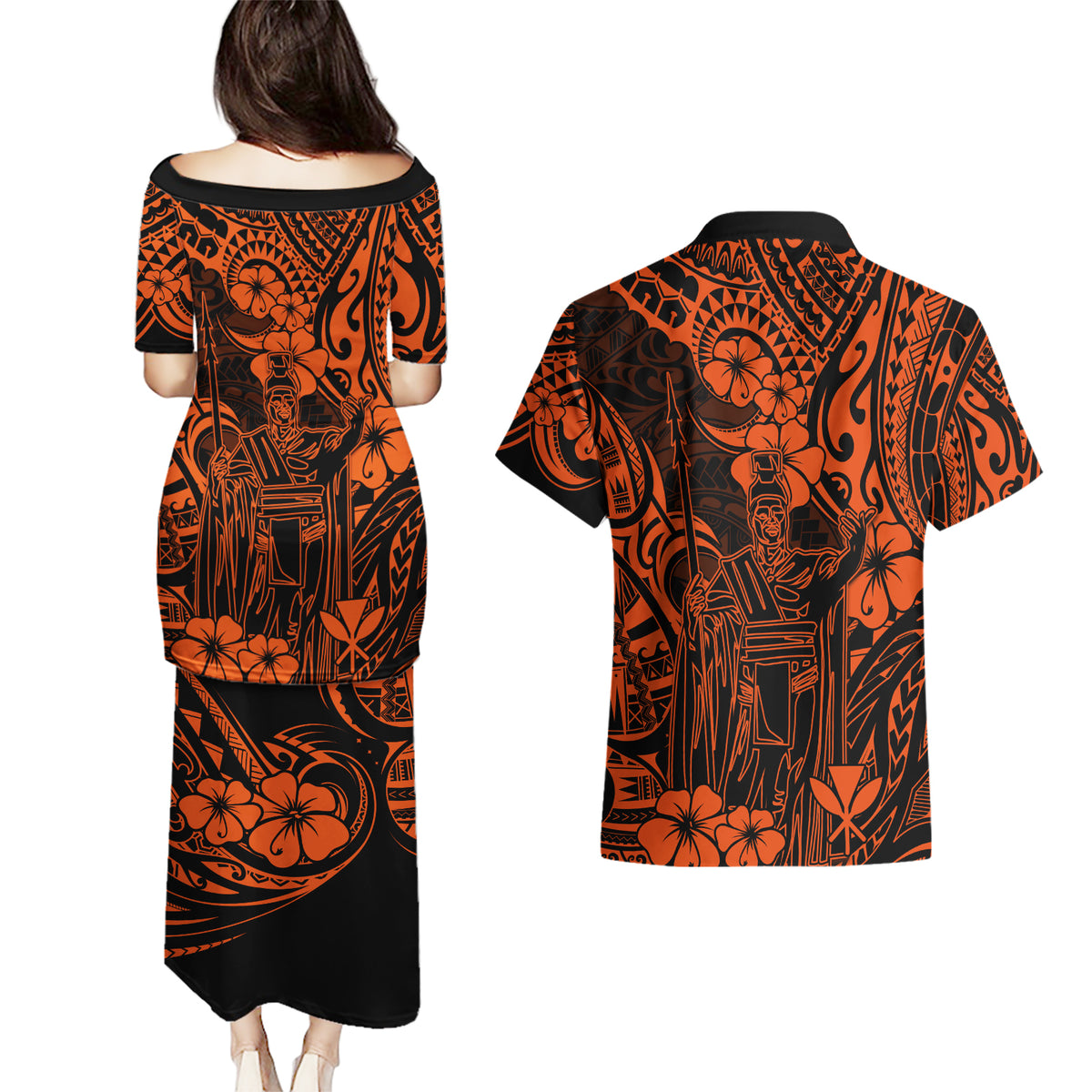 Hawaii King Kamehameha Couples Matching Puletasi Dress and Hawaiian Shirt Polynesian Pattern Orange Version - Wonder Print Shop