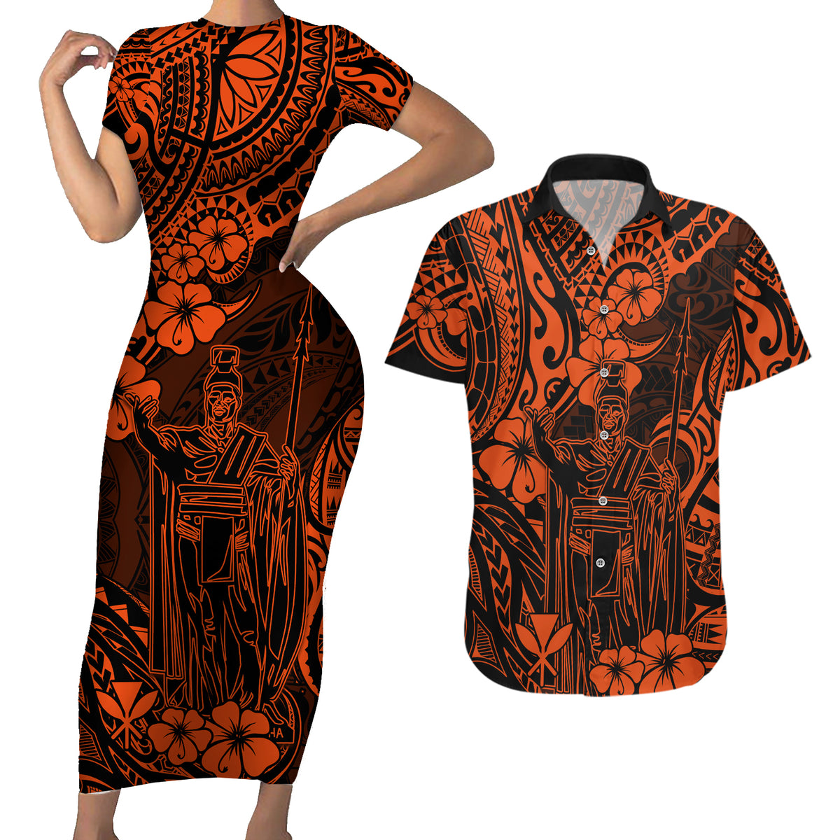 Hawaii King Kamehameha Couples Matching Short Sleeve Bodycon Dress and Hawaiian Shirt Polynesian Pattern Orange Version - Wonder Print Shop