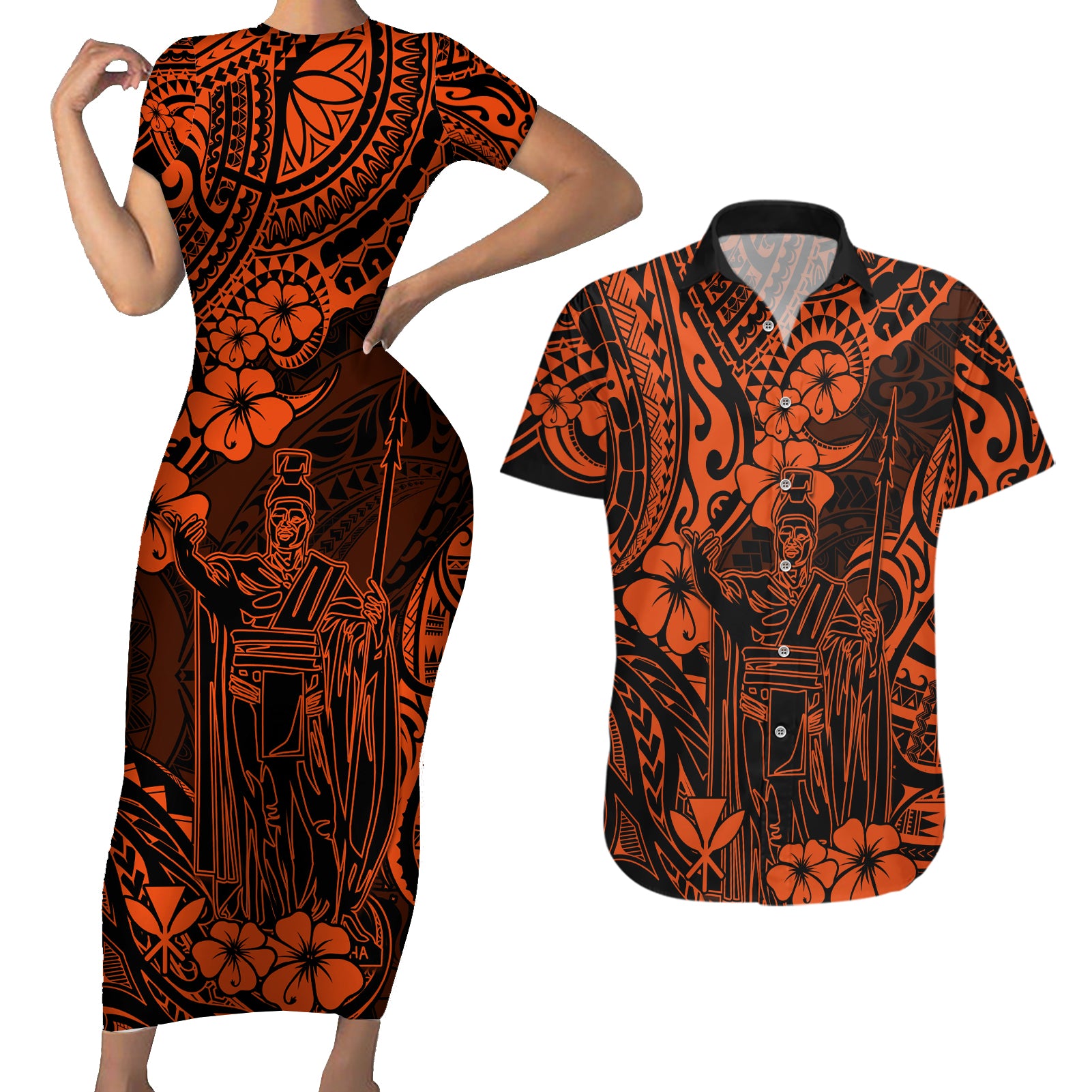 Hawaii King Kamehameha Couples Matching Short Sleeve Bodycon Dress and Hawaiian Shirt Polynesian Pattern Orange Version - Wonder Print Shop
