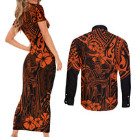 Hawaii King Kamehameha Couples Matching Short Sleeve Bodycon Dress and Long Sleeve Button Shirts Polynesian Pattern Orange Version - Wonder Print Shop