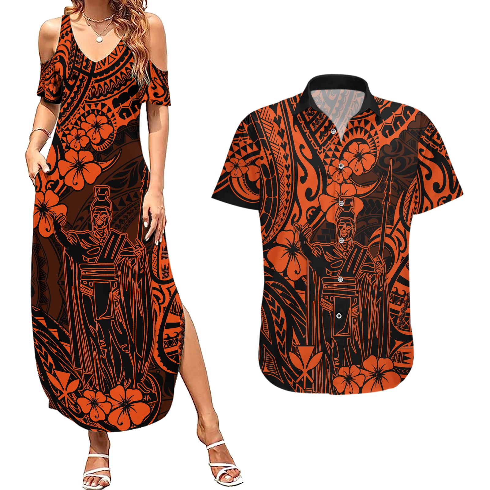 Hawaii King Kamehameha Couples Matching Summer Maxi Dress and Hawaiian Shirt Polynesian Pattern Orange Version - Wonder Print Shop