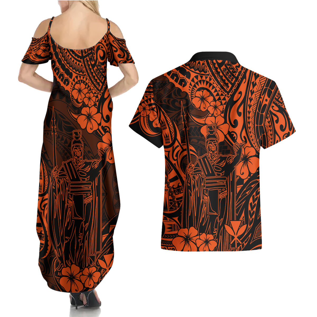 Hawaii King Kamehameha Couples Matching Summer Maxi Dress and Hawaiian Shirt Polynesian Pattern Orange Version - Wonder Print Shop