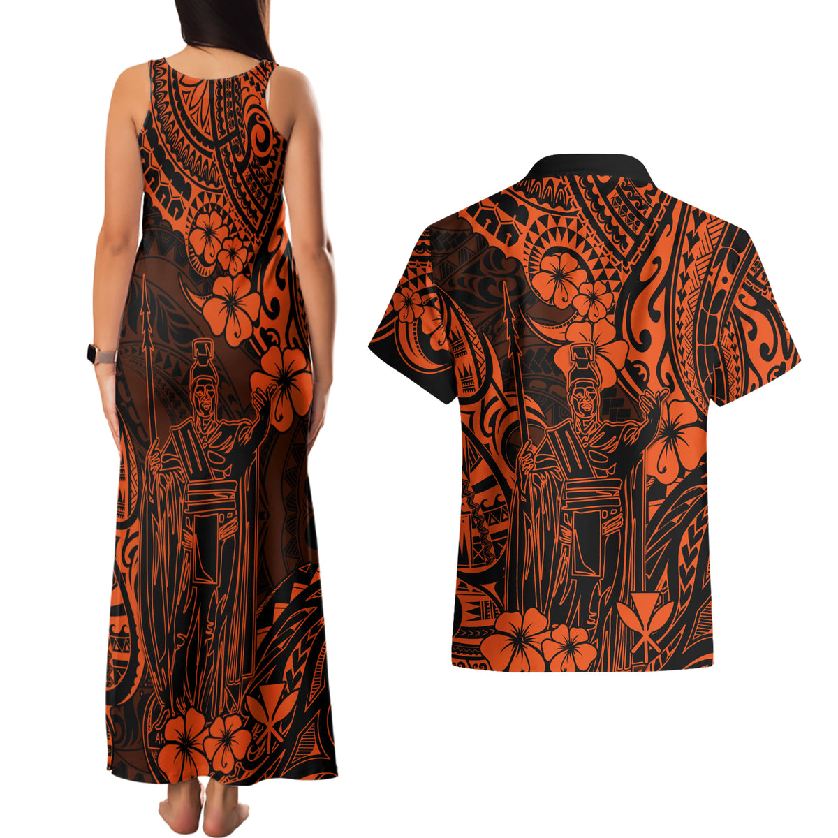 Hawaii King Kamehameha Couples Matching Tank Maxi Dress and Hawaiian Shirt Polynesian Pattern Orange Version - Wonder Print Shop