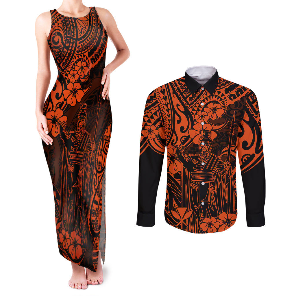 Hawaii King Kamehameha Couples Matching Tank Maxi Dress and Long Sleeve Button Shirts Polynesian Pattern Orange Version - Wonder Print Shop