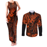 Hawaii King Kamehameha Couples Matching Tank Maxi Dress and Long Sleeve Button Shirts Polynesian Pattern Orange Version - Wonder Print Shop