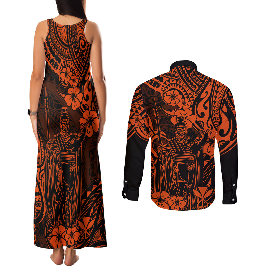 Hawaii King Kamehameha Couples Matching Tank Maxi Dress and Long Sleeve Button Shirts Polynesian Pattern Orange Version - Wonder Print Shop