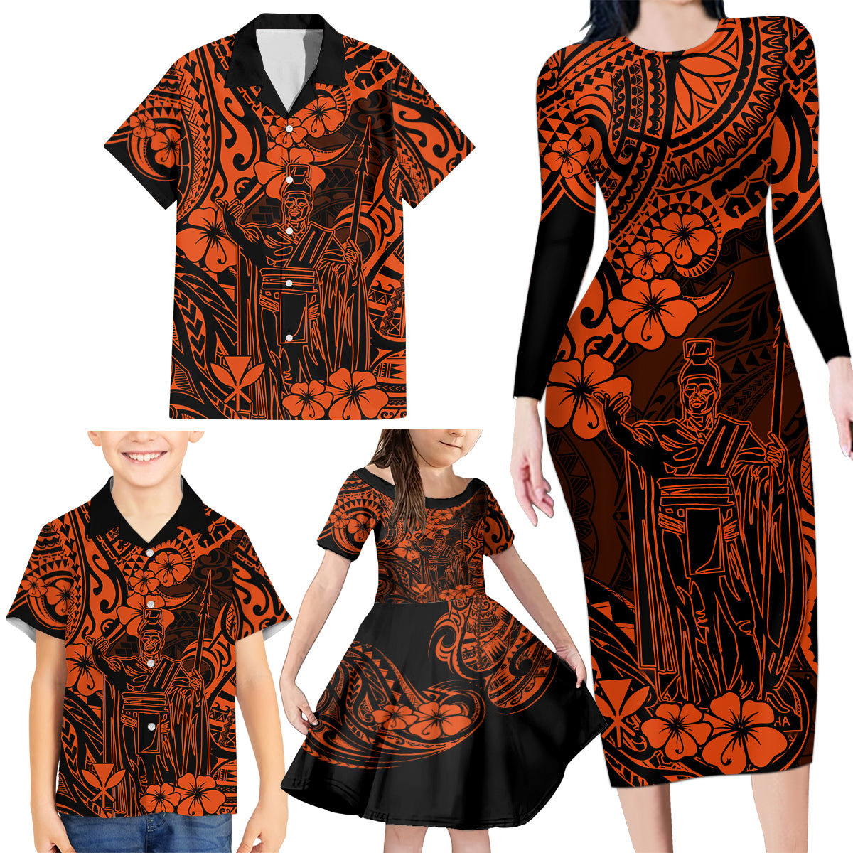 Hawaii King Kamehameha Family Matching Long Sleeve Bodycon Dress and Hawaiian Shirt Polynesian Pattern Orange Version - Wonder Print Shop