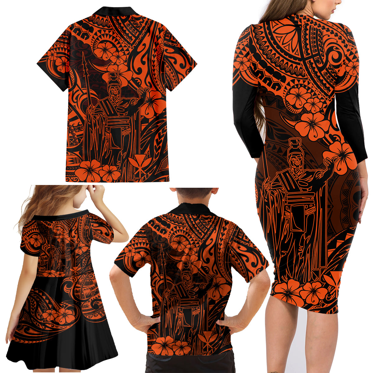 Hawaii King Kamehameha Family Matching Long Sleeve Bodycon Dress and Hawaiian Shirt Polynesian Pattern Orange Version - Wonder Print Shop