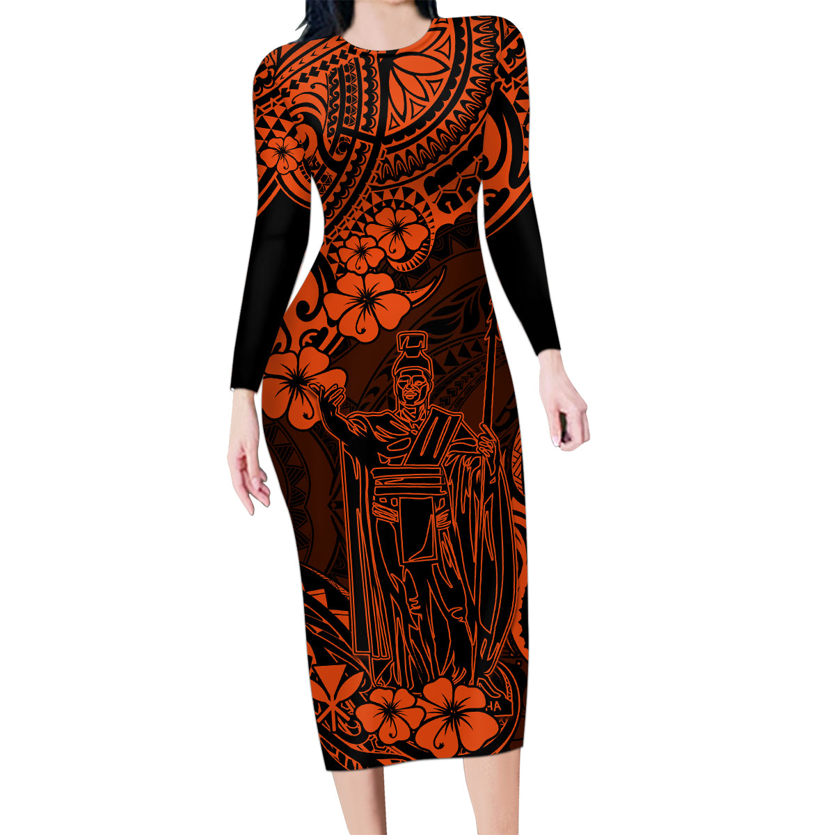 Hawaii King Kamehameha Family Matching Long Sleeve Bodycon Dress and Hawaiian Shirt Polynesian Pattern Orange Version - Wonder Print Shop
