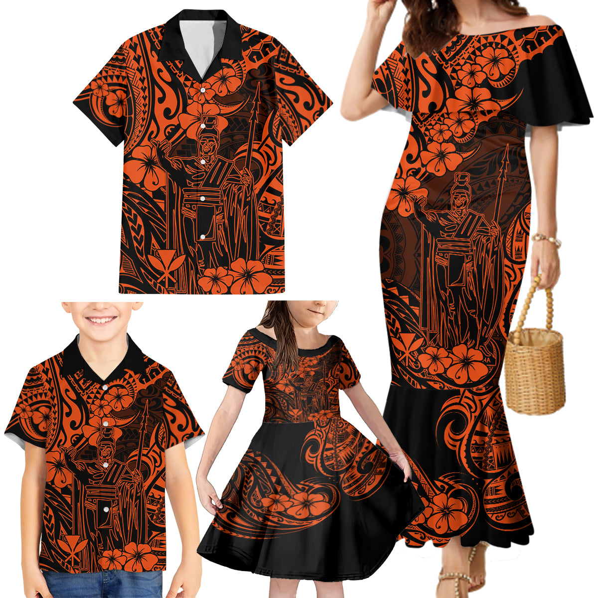 Hawaii King Kamehameha Family Matching Mermaid Dress and Hawaiian Shirt Polynesian Pattern Orange Version - Wonder Print Shop