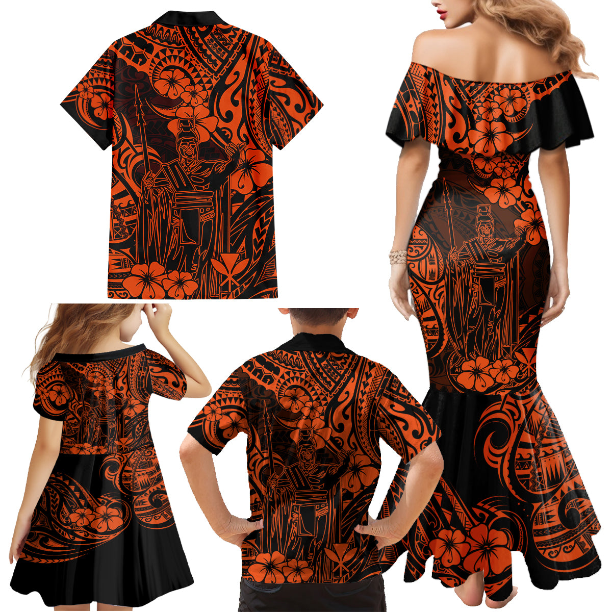 Hawaii King Kamehameha Family Matching Mermaid Dress and Hawaiian Shirt Polynesian Pattern Orange Version - Wonder Print Shop