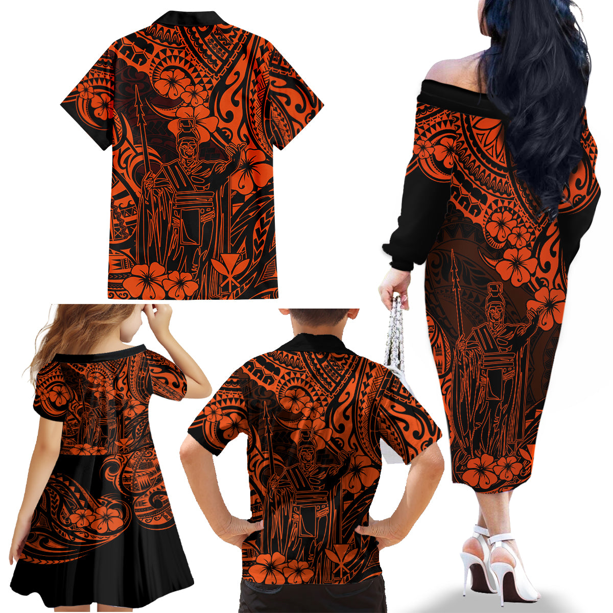 Hawaii King Kamehameha Family Matching Off Shoulder Long Sleeve Dress and Hawaiian Shirt Polynesian Pattern Orange Version - Wonder Print Shop