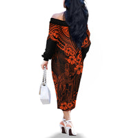 Hawaii King Kamehameha Family Matching Off Shoulder Long Sleeve Dress and Hawaiian Shirt Polynesian Pattern Orange Version - Wonder Print Shop