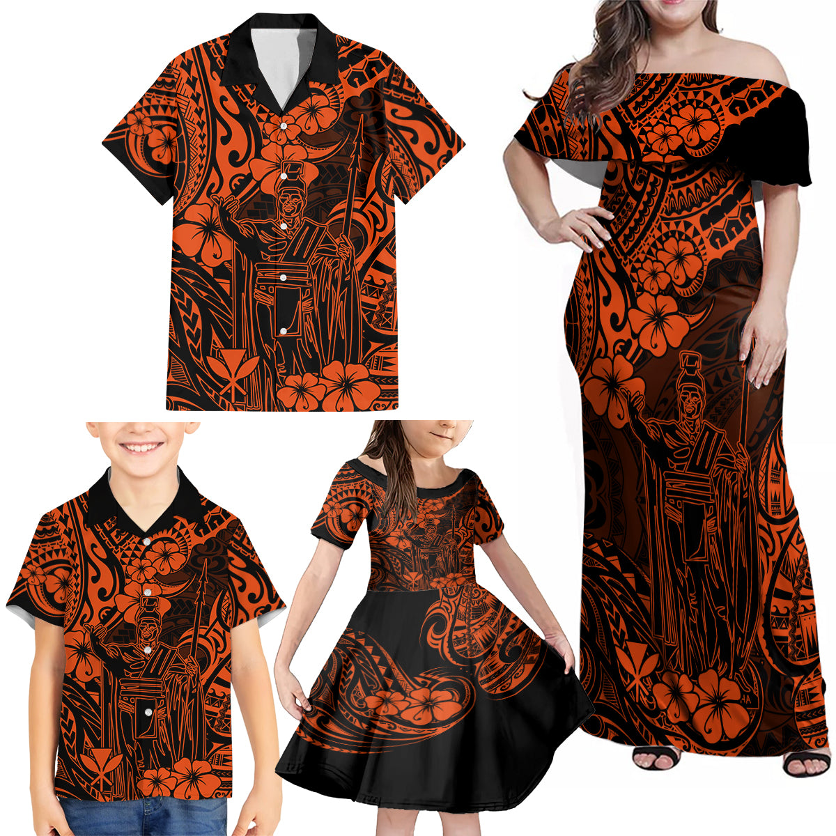 Hawaii King Kamehameha Family Matching Off Shoulder Maxi Dress and Hawaiian Shirt Polynesian Pattern Orange Version - Wonder Print Shop