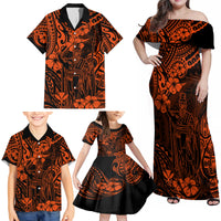 Hawaii King Kamehameha Family Matching Off Shoulder Maxi Dress and Hawaiian Shirt Polynesian Pattern Orange Version - Wonder Print Shop