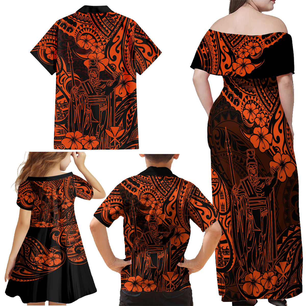 Hawaii King Kamehameha Family Matching Off Shoulder Maxi Dress and Hawaiian Shirt Polynesian Pattern Orange Version - Wonder Print Shop