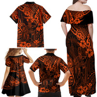 Hawaii King Kamehameha Family Matching Off Shoulder Maxi Dress and Hawaiian Shirt Polynesian Pattern Orange Version - Wonder Print Shop