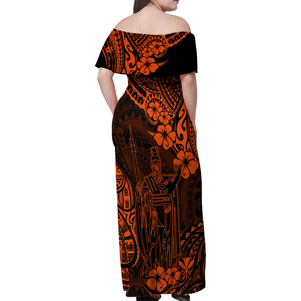 Hawaii King Kamehameha Family Matching Off Shoulder Maxi Dress and Hawaiian Shirt Polynesian Pattern Orange Version - Wonder Print Shop