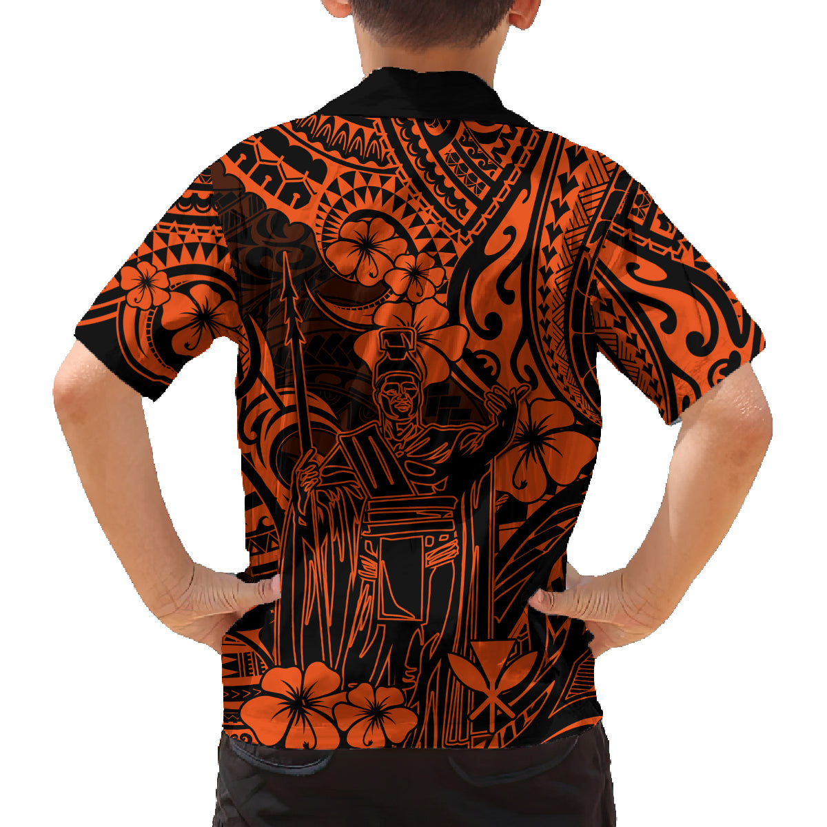 Hawaii King Kamehameha Family Matching Off Shoulder Short Dress and Hawaiian Shirt Polynesian Pattern Orange Version - Wonder Print Shop