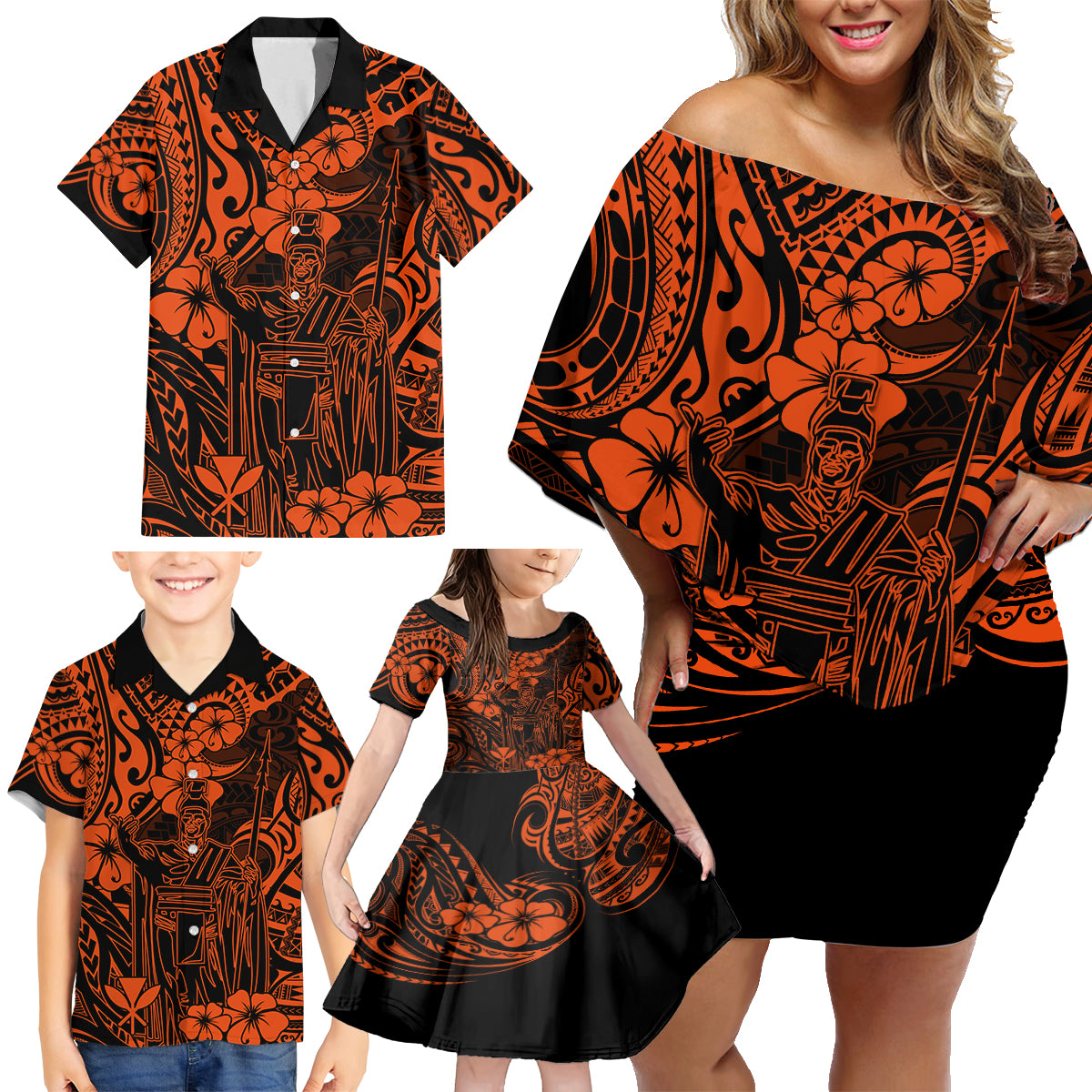 Hawaii King Kamehameha Family Matching Off Shoulder Short Dress and Hawaiian Shirt Polynesian Pattern Orange Version - Wonder Print Shop