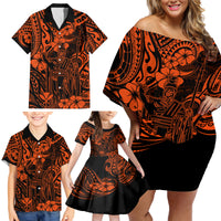 Hawaii King Kamehameha Family Matching Off Shoulder Short Dress and Hawaiian Shirt Polynesian Pattern Orange Version - Wonder Print Shop