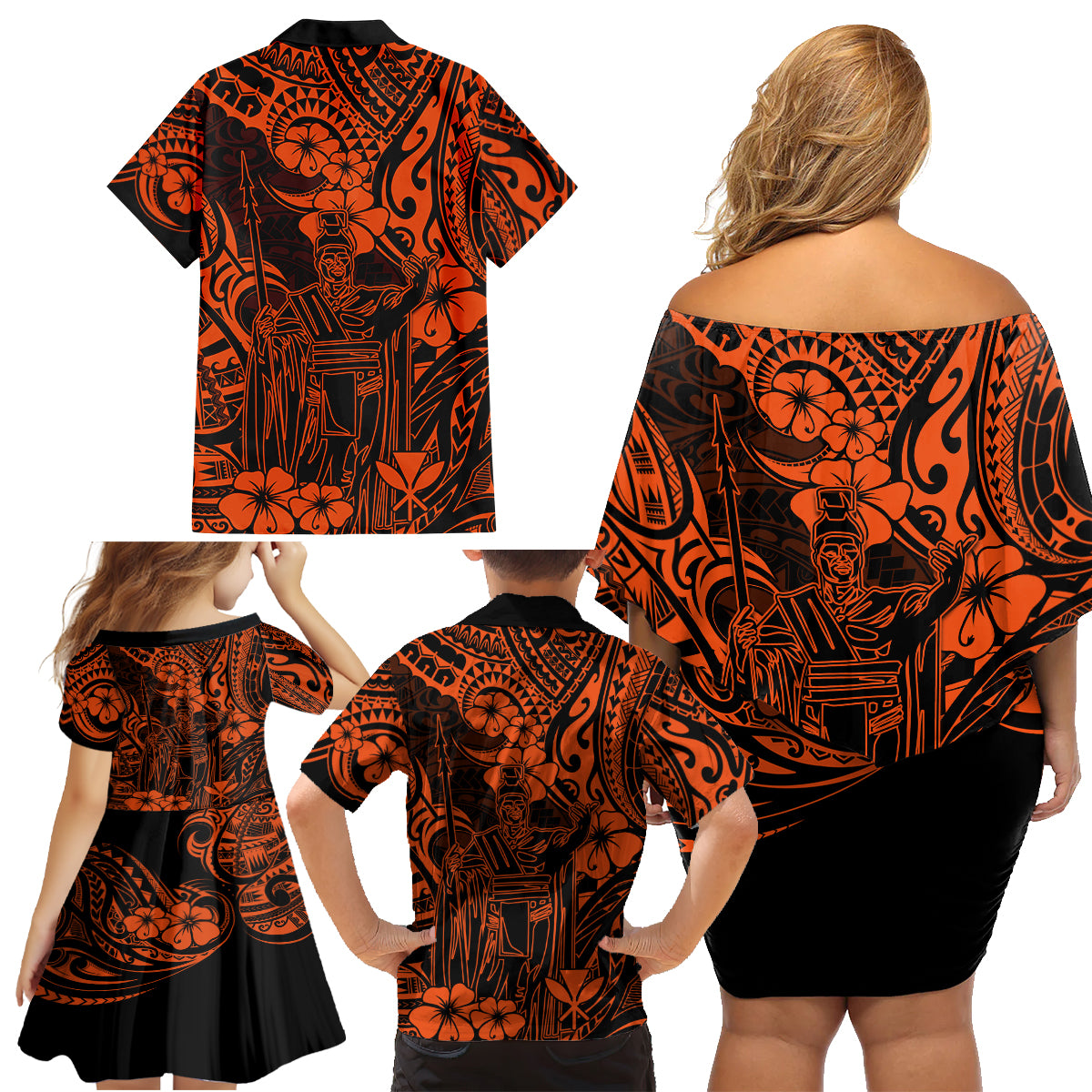 Hawaii King Kamehameha Family Matching Off Shoulder Short Dress and Hawaiian Shirt Polynesian Pattern Orange Version - Wonder Print Shop
