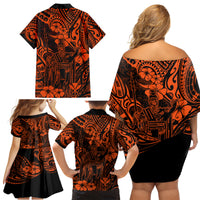 Hawaii King Kamehameha Family Matching Off Shoulder Short Dress and Hawaiian Shirt Polynesian Pattern Orange Version - Wonder Print Shop