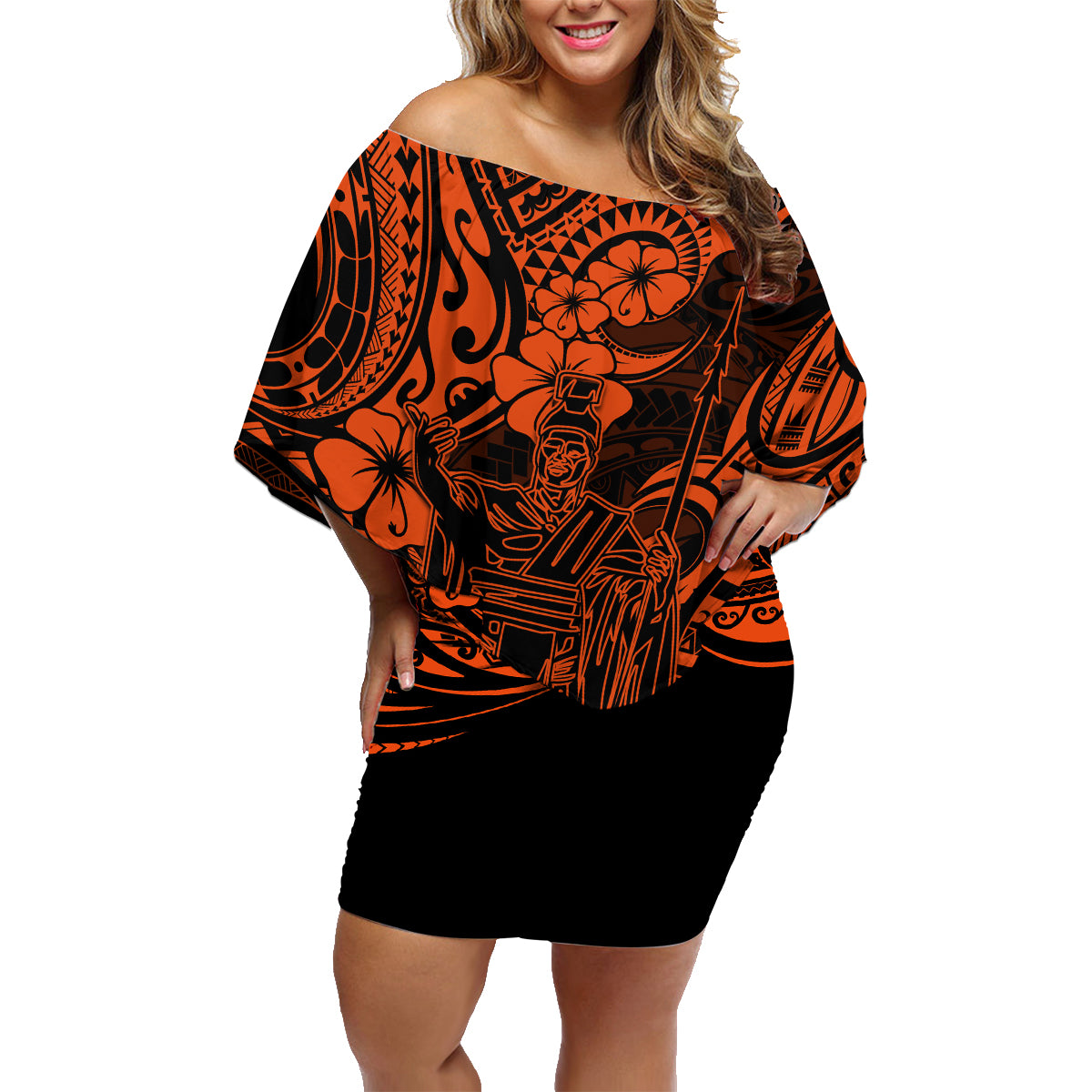 Hawaii King Kamehameha Family Matching Off Shoulder Short Dress and Hawaiian Shirt Polynesian Pattern Orange Version - Wonder Print Shop